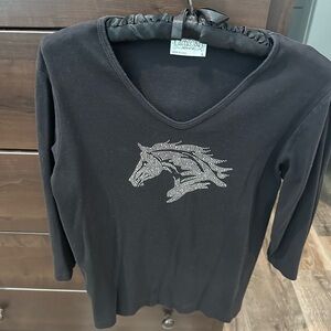Black Long Sleeve Top with Silver Stallion Bling Horse Design